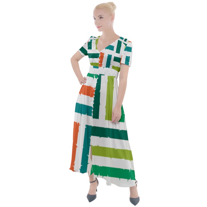 Striped Colorful Pattern Graphic Button Up Short Sleeve Maxi Dress