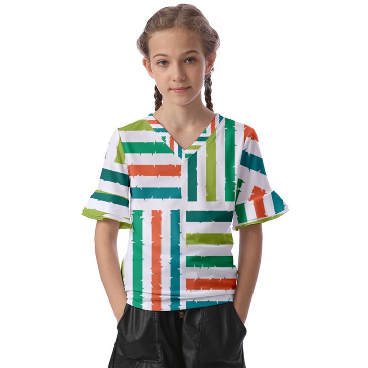 Striped Colorful Pattern Graphic Kids  V-Neck Horn Sleeve Blouse