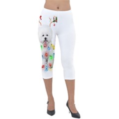 White Bichon Frise Dog Snow Reindeer S T- Shirt White Bichon Frise  Dog Snow Reindeer Santa Hat Chri Lightweight Velour Capri Leggings  by ZUXUMI