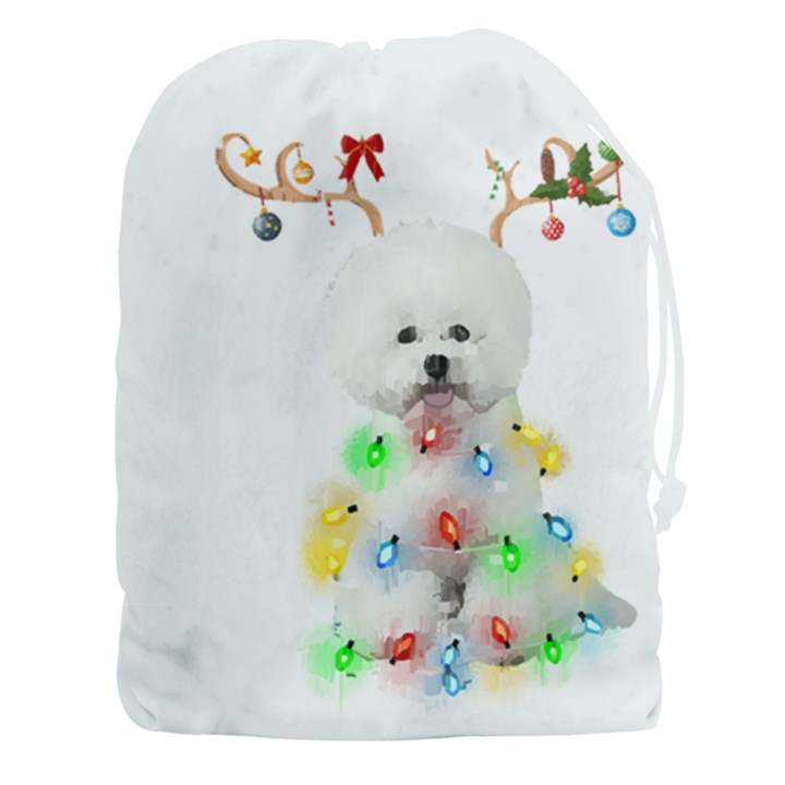 White Bichon Frise Dog Snow Reindeer S T- Shirt White Bichon Frise  Dog Snow Reindeer Santa Hat Chri Drawstring Pouch (3XL)