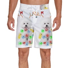 White Bichon Frise Dog Snow Reindeer S T- Shirt White Bichon Frise  Dog Snow Reindeer Santa Hat Chri Men s Beach Shorts by ZUXUMI