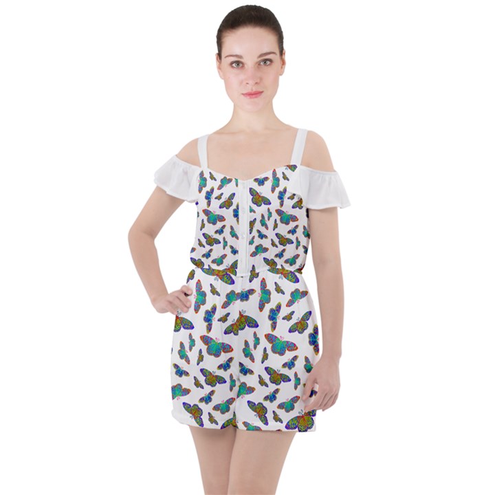 Butterflies T- Shirt Colorful Butterflies In Rainbow Colors T- Shirt Ruffle Cut Out Chiffon Playsuit