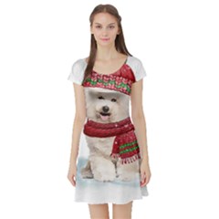 White Bichon Frise Santa Xmas T- Shirt Red Winter Hat Scarf Christmas Cap White Bichon Frise  Santa Short Sleeve Skater Dress by ZUXUMI