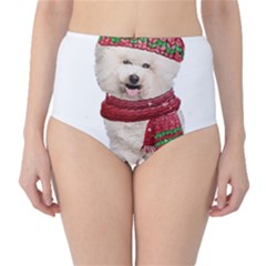 White Bichon Frise Santa Xmas T- Shirt Red Winter Hat Scarf Christmas Cap White Bichon Frise  Santa Classic High-waist Bikini Bottoms by ZUXUMI