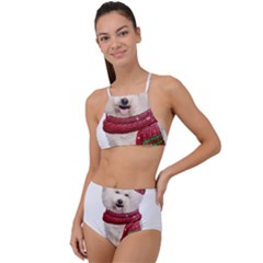 White Bichon Frise Santa Xmas T- Shirt Red Winter Hat Scarf Christmas Cap White Bichon Frise  Santa Halter Tankini Set by ZUXUMI