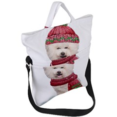 White Bichon Frise Santa Xmas T- Shirt Red Winter Hat Scarf Christmas Cap White Bichon Frise  Santa Fold Over Handle Tote Bag by ZUXUMI