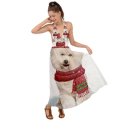 White Bichon Frise Santa Xmas T- Shirt Red Winter Hat Scarf Christmas Cap White Bichon Frise  Santa Backless Maxi Beach Dress by ZUXUMI