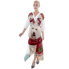 White Bichon Frise Santa Xmas T- Shirt Red Winter Hat Scarf Christmas Cap White Bichon Frise  Santa Quarter Sleeve Wrap Front Maxi Dress by ZUXUMI