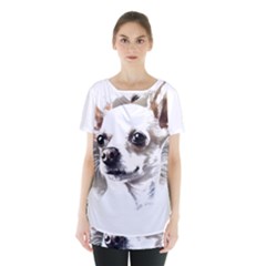 White Chihuahua T- Shirt White And Tan Chihuahua Portrait Watercolor Style T- Shirt Skirt Hem Sports Top by ZUXUMI