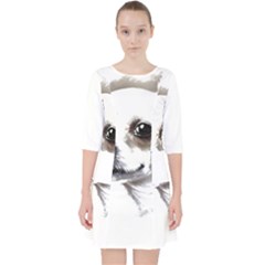 White Chihuahua T- Shirt White And Tan Chihuahua Portrait Watercolor Style T- Shirt Quarter Sleeve Pocket Dress