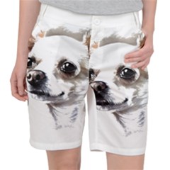 White Chihuahua T- Shirt White And Tan Chihuahua Portrait Watercolor Style T- Shirt Women s Pocket Shorts by ZUXUMI