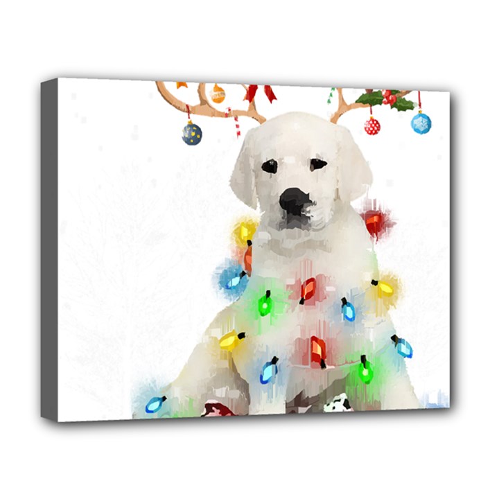 White Labrador Dog Snow Reindeer Santa T- Shirt White Labrador  Dog Snow Reindeer Santa Hat Christma Deluxe Canvas 20  x 16  (Stretched)