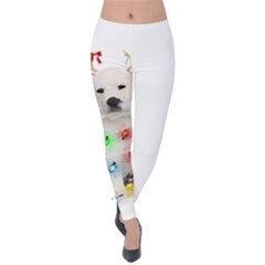 White Labrador Dog Snow Reindeer Santa T- Shirt White Labrador  Dog Snow Reindeer Santa Hat Christma Velvet Leggings by ZUXUMI