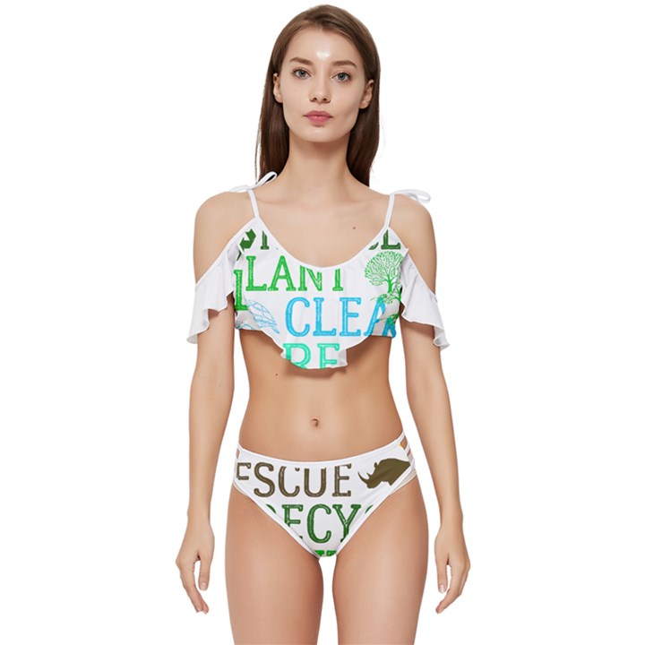 Earth Day Everyday T- Shirt Save Bees Rescue Animals Recycle Plastic Earth Day T- Shirt Ruffle Edge Tie Up Bikini Set	