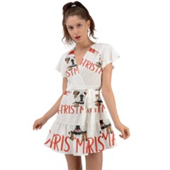 English Bulldog T- Shirt English Bulldog Merry Christmas T- Shirt (3) Flutter Sleeve Wrap Dress by ZUXUMI