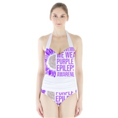 Epilepsy Awareness T- Shirt Epilepsy Awareness Sunflower In November We Wear Purple T- Shirt Halter Swimsuit by ZUXUMI