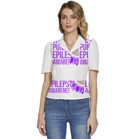 Epilepsy Awareness T- Shirt Epilepsy Awareness Sunflower In November We Wear Purple T- Shirt Puffed Short Sleeve Button Up Jacket by ZUXUMI