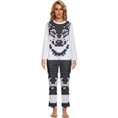 Fair Isle Wolf T- Shirt Fair Isle Knitting Grey Wolf    Spot Illustration    Black And White Wolf T- Womens  Long Sleeve Lightweight Pajamas Set by ZUXUMI