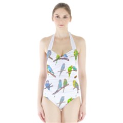 Parakeet T-shirtlots Of Colorful Parakeets - Cute Little Birds T-shirt Halter Swimsuit