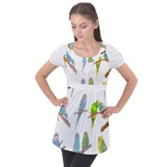 Parakeet T-shirtlots Of Colorful Parakeets - Cute Little Birds T-shirt Puff Sleeve Tunic Top