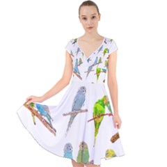 Parakeet T-shirtlots Of Colorful Parakeets - Cute Little Birds T-shirt Cap Sleeve Front Wrap Midi Dress