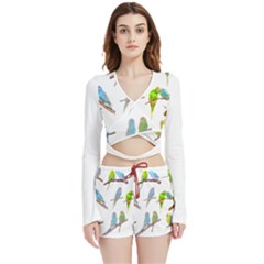 Parakeet T-shirtlots Of Colorful Parakeets - Cute Little Birds T-shirt Velvet Wrap Crop Top and Shorts Set