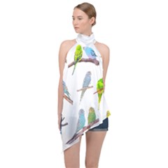 Parakeet T-shirtlots Of Colorful Parakeets - Cute Little Birds T-shirt Halter Asymmetric Satin Top