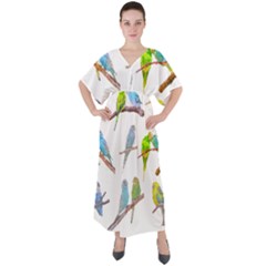 Parakeet T-shirtlots Of Colorful Parakeets - Cute Little Birds T-shirt V-Neck Boho Style Maxi Dress