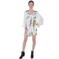 Parakeet T-shirtlots Of Colorful Parakeets - Cute Little Birds T-shirt V-Neck Flare Sleeve Mini Dress