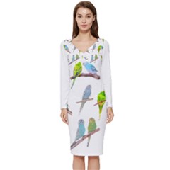 Parakeet T-shirtlots Of Colorful Parakeets - Cute Little Birds T-shirt Long Sleeve V-Neck Bodycon Dress 