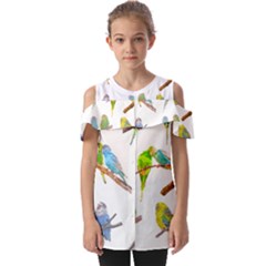 Parakeet T-shirtlots Of Colorful Parakeets - Cute Little Birds T-shirt Fold Over Open Sleeve Top