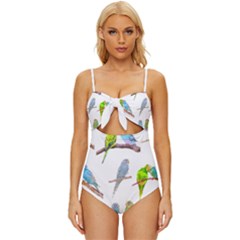 Parakeet T-shirtlots Of Colorful Parakeets - Cute Little Birds T-shirt Knot Front One-Piece Swimsuit