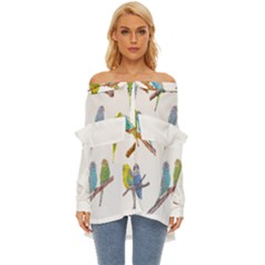 Parakeet T-shirtlots Of Colorful Parakeets - Cute Little Birds T-shirt Off Shoulder Chiffon Pocket Shirt