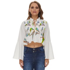 Parakeet T-shirtlots Of Colorful Parakeets - Cute Little Birds T-shirt Boho Long Bell Sleeve Top