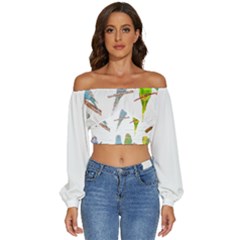 Parakeet T-shirtlots Of Colorful Parakeets - Cute Little Birds T-shirt Long Sleeve Crinkled Weave Crop Top