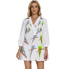 Parakeet T-shirtlots Of Colorful Parakeets - Cute Little Birds T-shirt V-Neck Placket Mini Dress