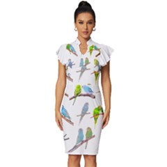 Parakeet T-shirtlots Of Colorful Parakeets - Cute Little Birds T-shirt Vintage Frill Sleeve V-Neck Bodycon Dress