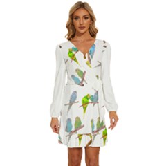 Parakeet T-shirtlots Of Colorful Parakeets - Cute Little Birds T-shirt Long Sleeve Waist Tie Ruffle Velvet Dress