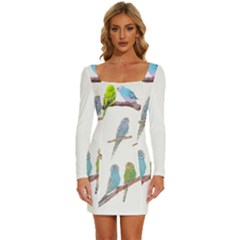 Parakeet T-shirtlots Of Colorful Parakeets - Cute Little Birds T-shirt Long Sleeve Square Neck Bodycon Velvet Dress