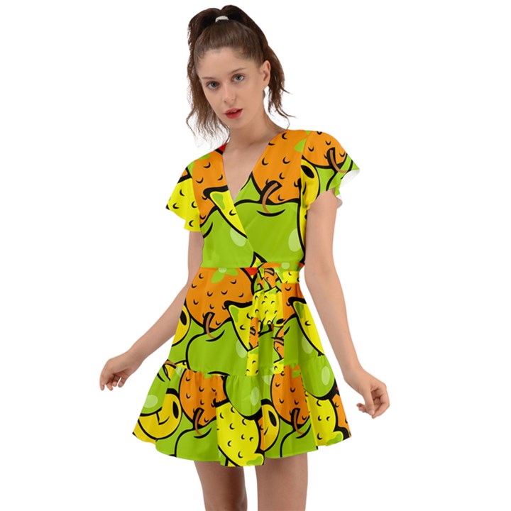 Fruit Food Wallpaper Flutter Sleeve Wrap Dress