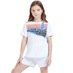 Breakwater Santa Cruz T- Shirt Lighthouse Breakwater Santa Cruz U S A Voyage Art Digital Painting Wa Kids  T-shirt And Sports Shorts Set by JamesGoode