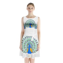 Peacock T-shirtwhite Look Calm Peacock 28 T-shirt (1) Sleeveless Waist Tie Chiffon Dress