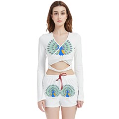 Peacock T-shirtwhite Look Calm Peacock 28 T-shirt (1) Velvet Wrap Crop Top and Shorts Set