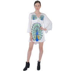 Peacock T-shirtwhite Look Calm Peacock 28 T-shirt (1) V-Neck Flare Sleeve Mini Dress