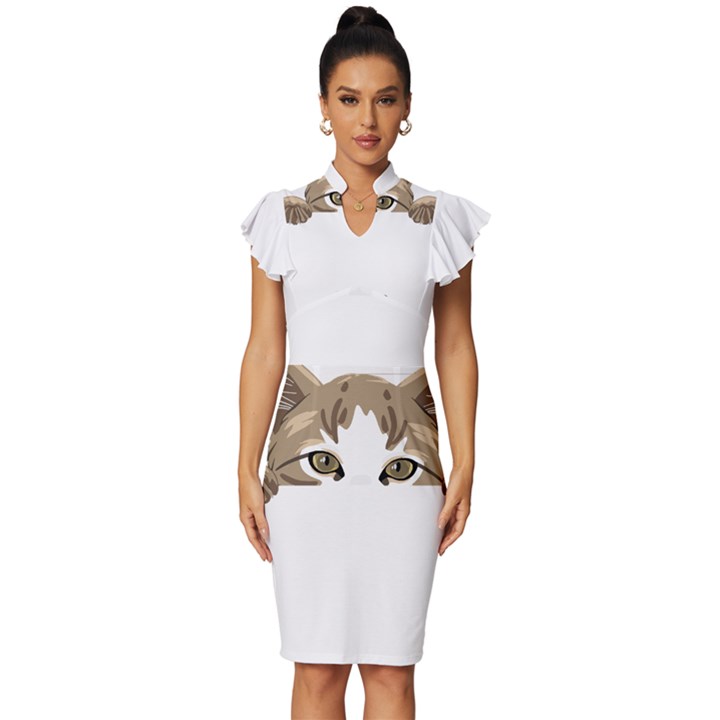 Peeking Cat T-shirtpeeking Cute Cat T-shirt Vintage Frill Sleeve V-Neck Bodycon Dress