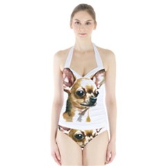 Brown Chihuahua T- Shirt Tan Brown Chihuahua Watercolor Portrait T- Shirt Halter Swimsuit by JamesGoode