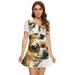 Brown Chihuahua T- Shirt Tan Brown Chihuahua Watercolor Portrait T- Shirt V-neck High Waist Chiffon Mini Dress by JamesGoode