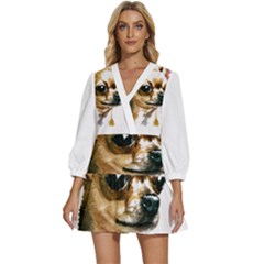 Brown Chihuahua T- Shirt Tan Brown Chihuahua Watercolor Portrait T- Shirt V-neck Placket Mini Dress by JamesGoode