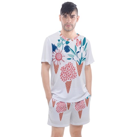 Flowers And Leaves T- Shirt Midsummer I Scream Flower Cones    Print    Pink Coral Aqua And Teal Flo Men s Mesh T-shirt And Shorts Set by ZUXUMI