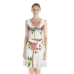 Flowers Art T- Shirtflowers T- Shirt (2) Sleeveless Waist Tie Chiffon Dress